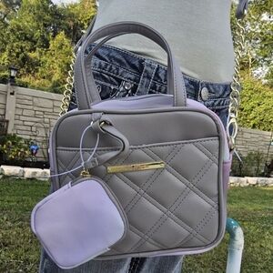 BETSEY JOHNSON QUILTED GREY n MULTI COLOR SQUARE LUV BETSEY SATCHEL w/POUCH
